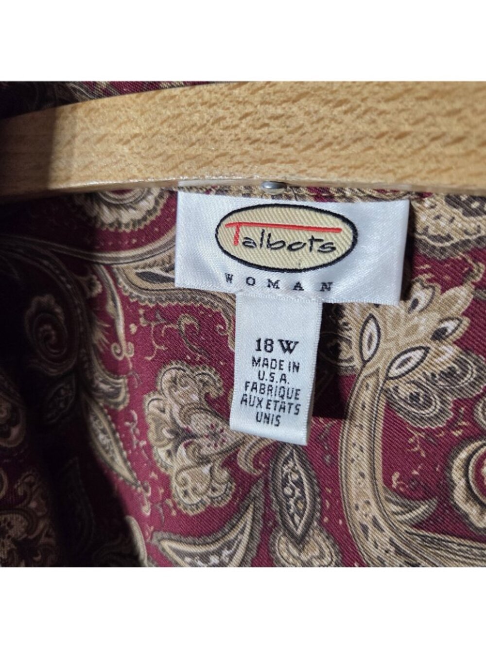 Vintage Talbots 18W Silk Wool Button Down Shirt 90s Pasley Burgundy Tan - Picture 3 of 16